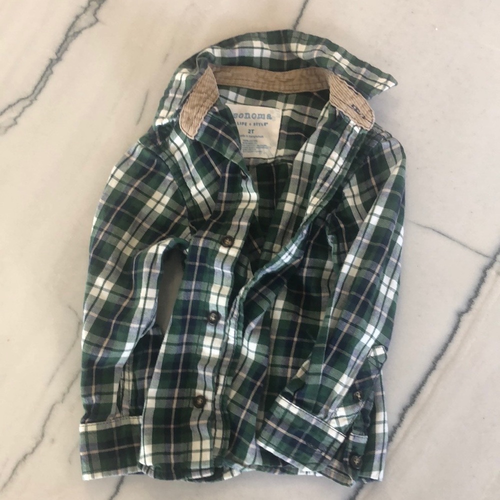 Boys green plaid button down. 2T